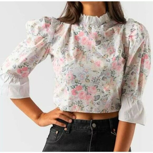 NWT Batsheva X Laura Ashley Spring Prairie Blouse Floral Print Ruffle Cropped Si - Picture 2 of 10